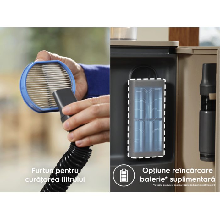 *nu toate produsele sunt prevăzute cu baterie suplimentară Furtun pentru curăţarea filtrului Opţiune reîncărcare baterie* suplimentară