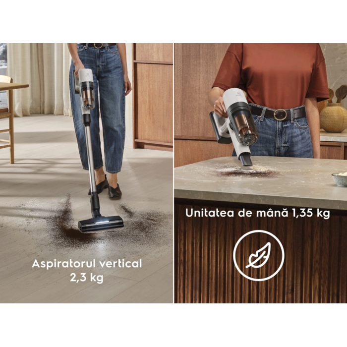 Aspiratorul vertical 2,3 kg  Unitatea de mână 1,35 kg