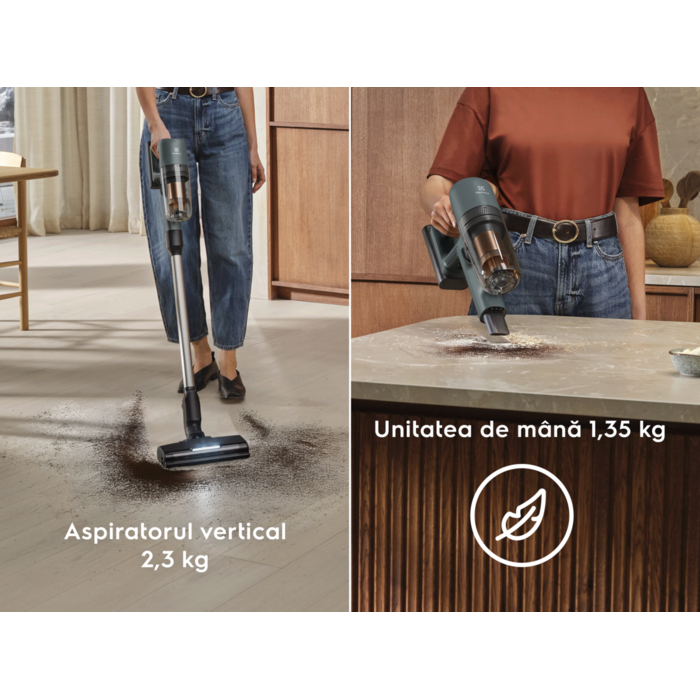 Aspiratorul vertical 2,3 kg  Unitatea de mână 1,35 kg