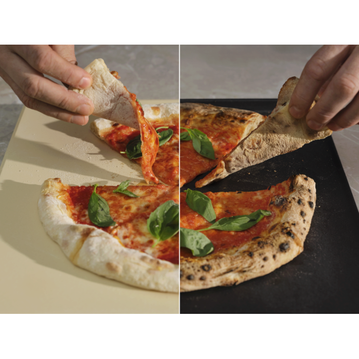 Two different pizzas shown with different results baked on different trays