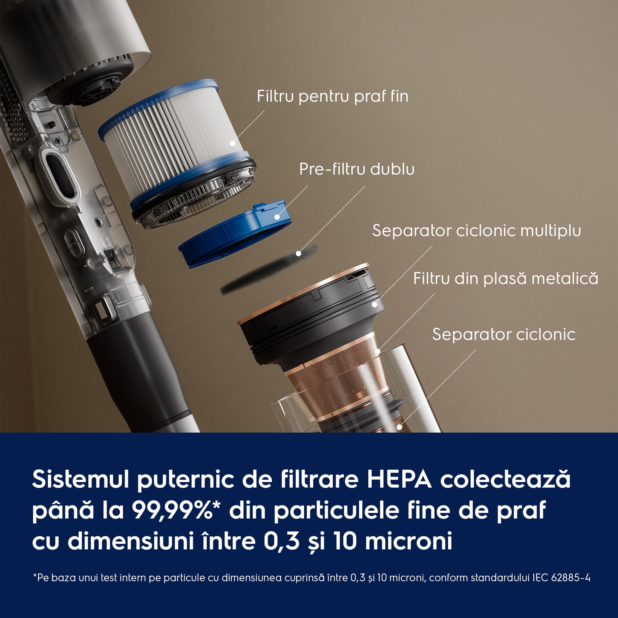Sistemul puternic de filtrare HEPA colectează până la 99,99%* din particulele fine de praf cu dimensiuni între 0,3 și 10 microni     *Pe baza unui test intern pe particule cu dimensiunea cuprinsă între 0,3 și 10 microni, conform standardului IEC 62885-4 Filtru pentru praf fin Pre-filtru dublu Separator ciclonic multiplu Filtru din plasă metalică Separator ciclonic