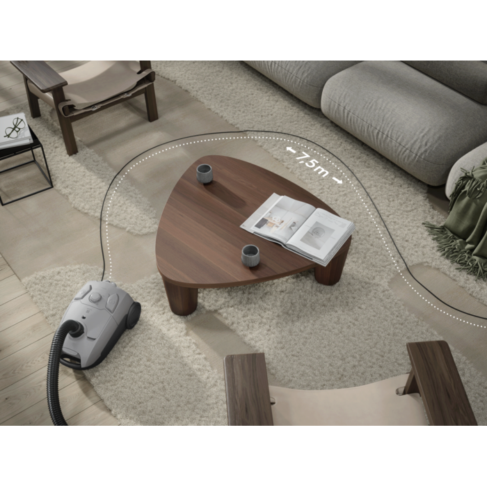 Vacuum cleaner designed for easy cleaning of larger areas without needing to switch power outlets.