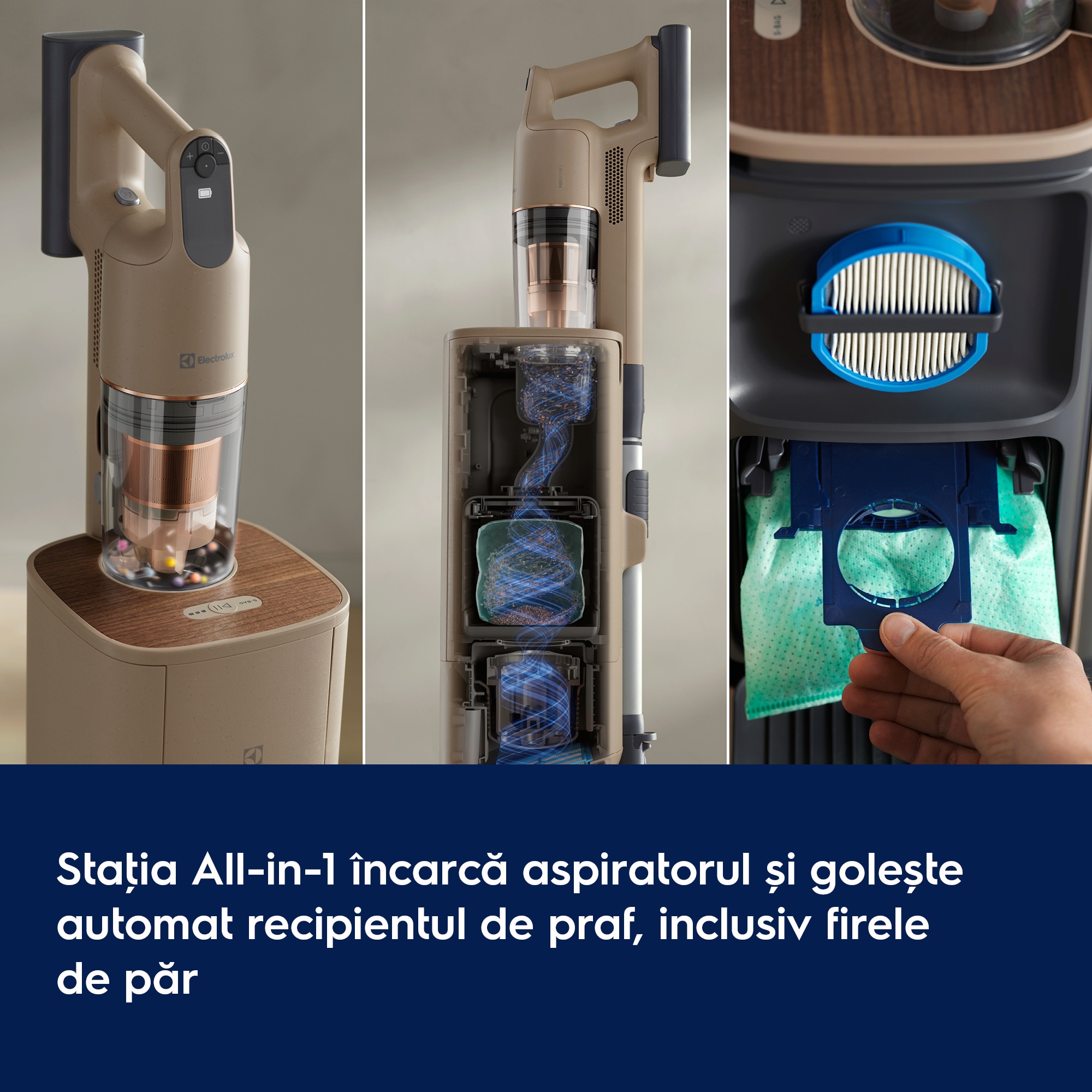 Staţia All-in-1 încarcă aspiratorul și golește automat recipientul de praf, inclusiv firele de păr