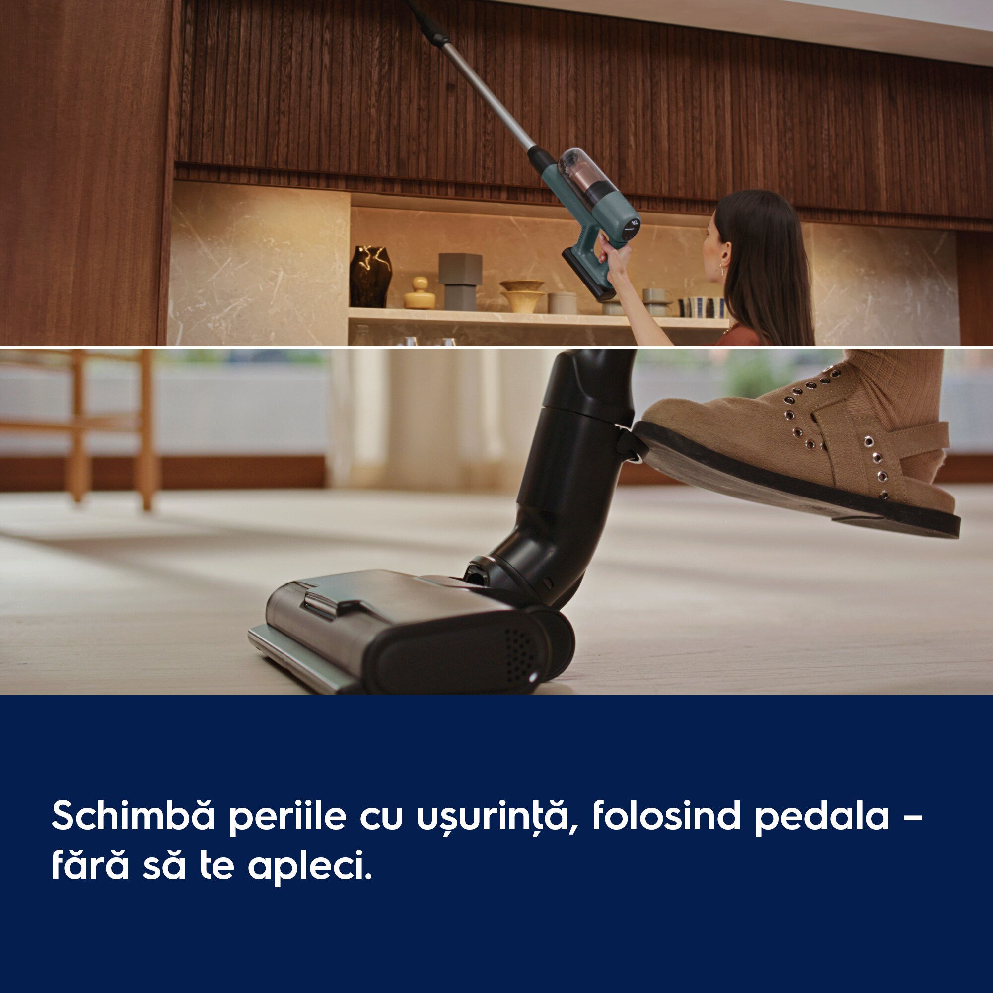 Schimbă periile cu ușurinţă folosind pedala, fără a te apleca