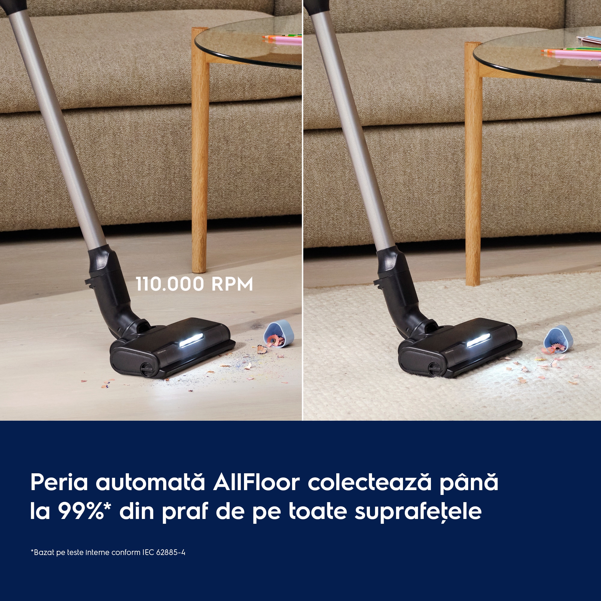 Peria automată AllFloor colectează până la 99%* din praf de pe toate suprafeţele     *Bazat pe teste interne conform IEC 62885-4 110.000 RPM