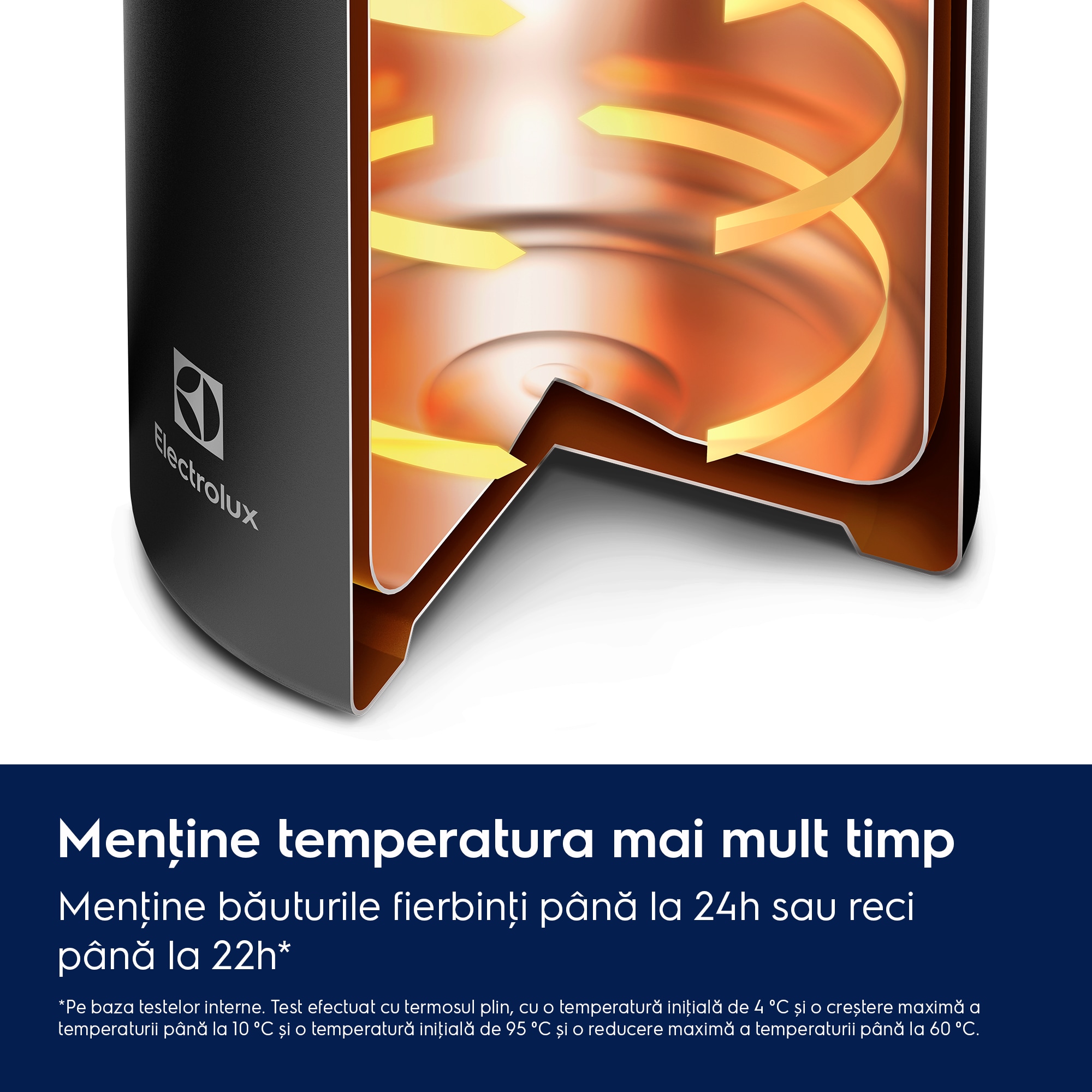Menţine temperatura mai mult timp Menţine băuturile fierbinţi până la 24h sau reci până la 22h*    *Pe baza testelor interne. Test efectuat cu termosul plin, cu o temperatură iniţială de 4 °C și o creștere maximă a temperaturii până la 10 °C și o temperatură iniţială de 95 °C și o reducere maximă a temperaturii până la 60 °C.