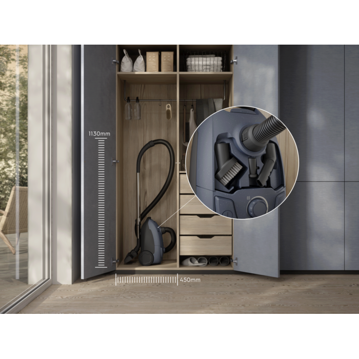 COMPACT DESIGN FOR EASY STORAGE Convenient size to fit into any home, and the accessories are stored on-board for easy access