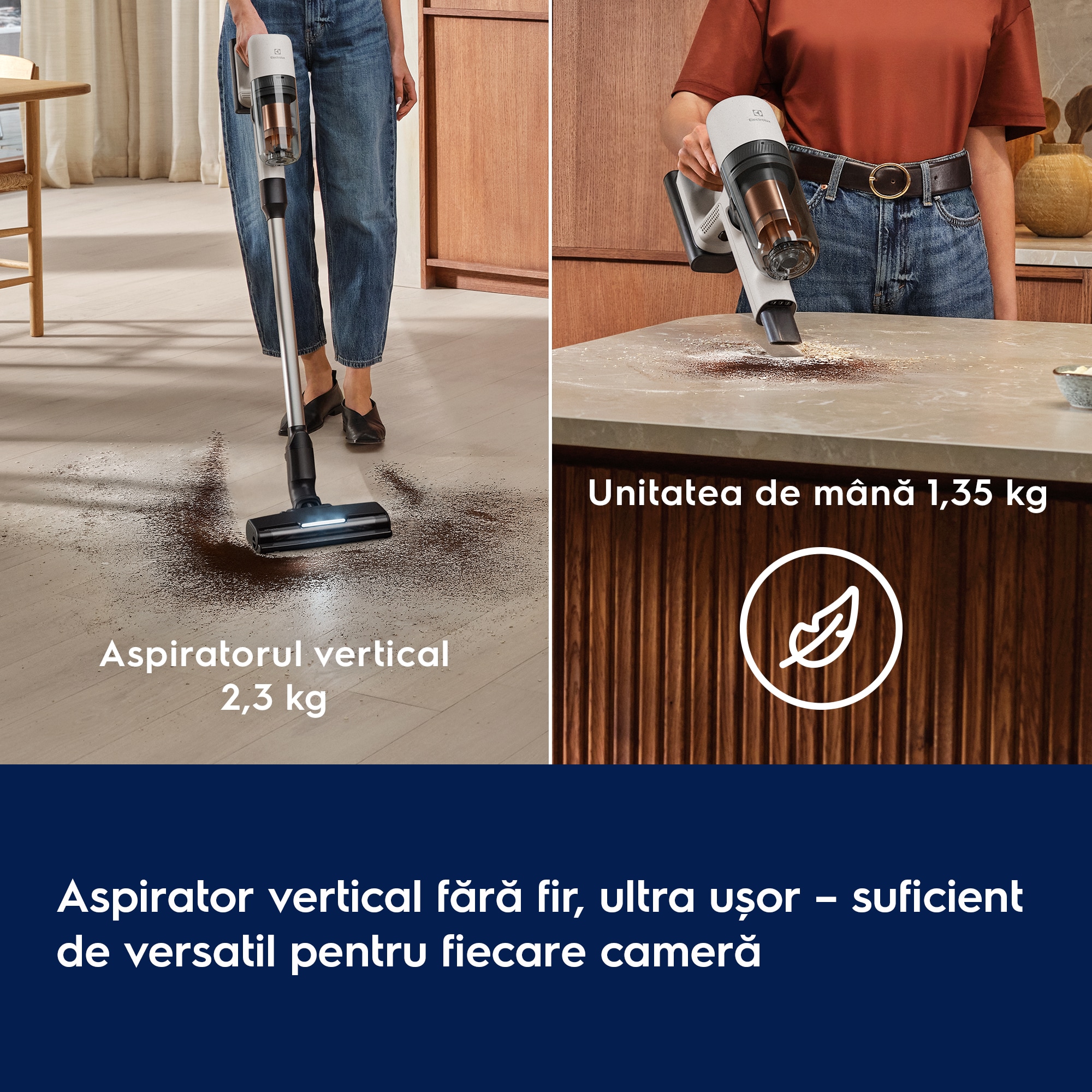 Aspirator vertical fără fir, ultra ușor – suficient de versatil pentru fiecare cameră       Aspiratorul vertical 2,3 kg Unitatea de mână 1,35 kg