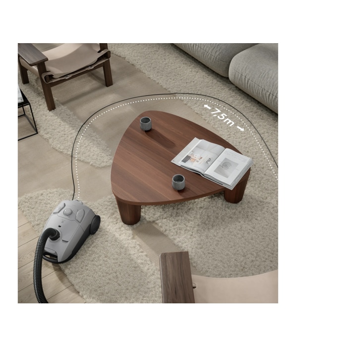 Vacuum cleaner designed for easy cleaning of larger areas without needing to switch power outlets.