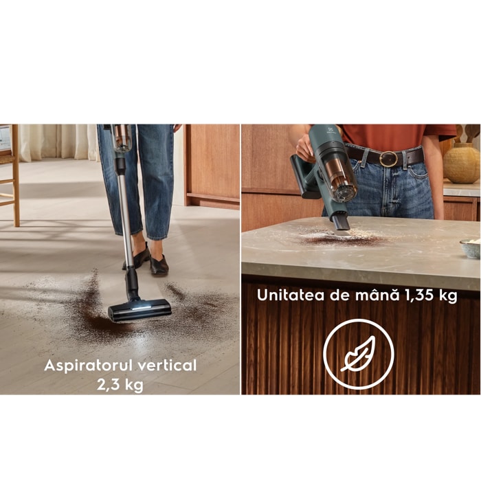 Aspiratorul vertical 2,3 kg  Unitatea de mână 1,35 kg