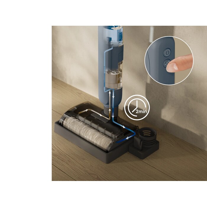 After use, the automatic self-cleaning refreshes the brush roll with clean water in just 2 minutes