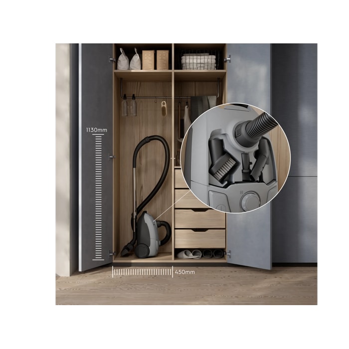 COMPACT DESIGN FOR EASY STORAGE Convenient size to fit into any home, and the accessories are stored on-board for easy access