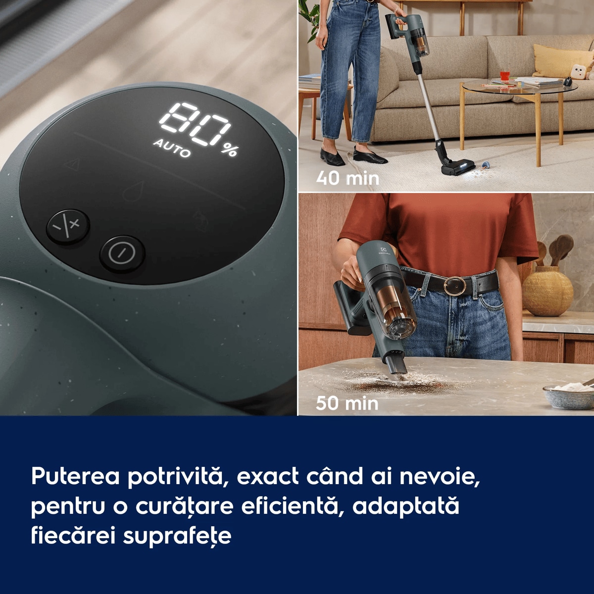 Puterea potrivită, exact când ai nevoie, pentru o curăţare eficientă, adaptată fiecărei suprafeţe.      40 min 50 min