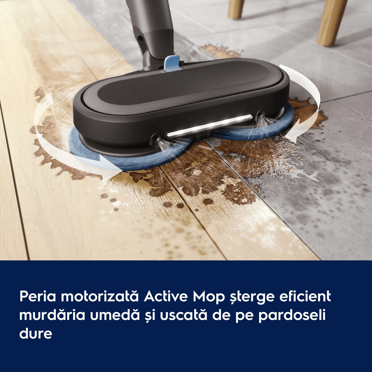 Peria motorizată Active Mop șterge eficient murdăria umedă și uscată de pe pardoseli dure