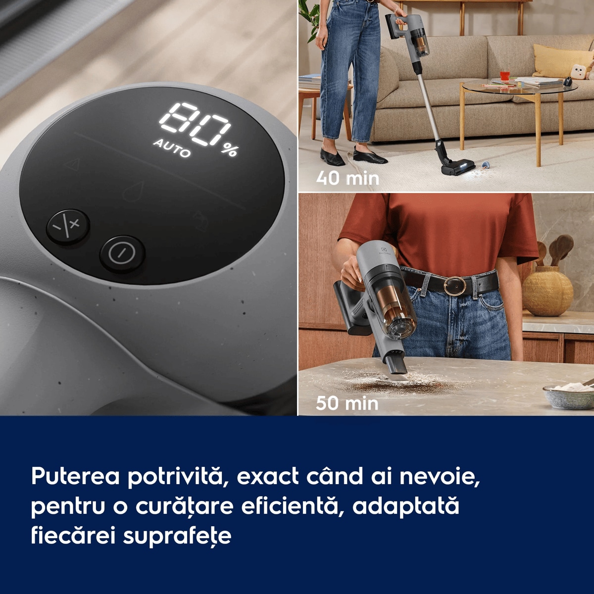 Puterea potrivită, exact când ai nevoie, pentru o curăţare eficientă, adaptată fiecărei suprafeţe.      40 min 50 min