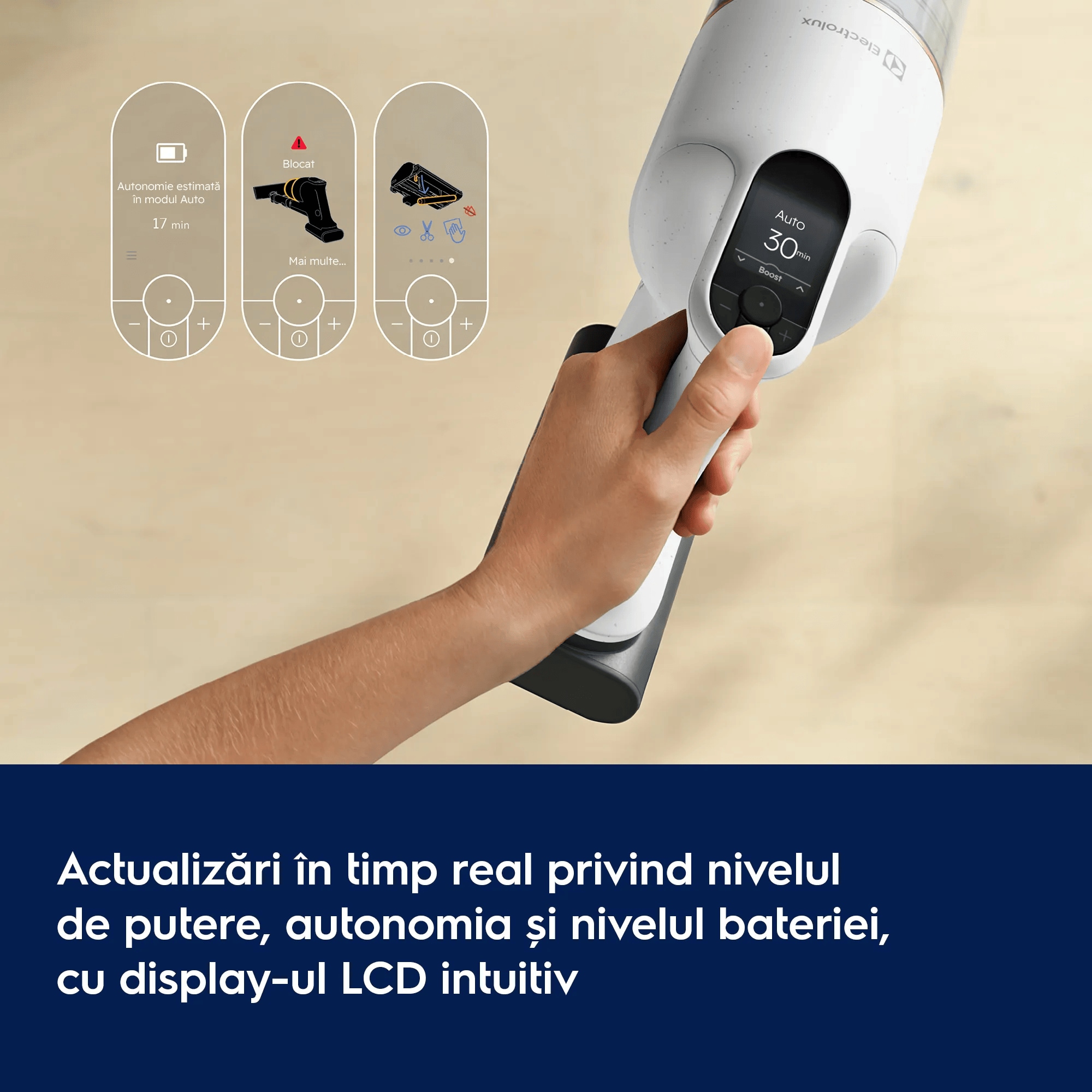 Actualizări în timp real privind nivelul de putere, autonomia și nivelul bateriei, cu display-ul LCD intuitiv