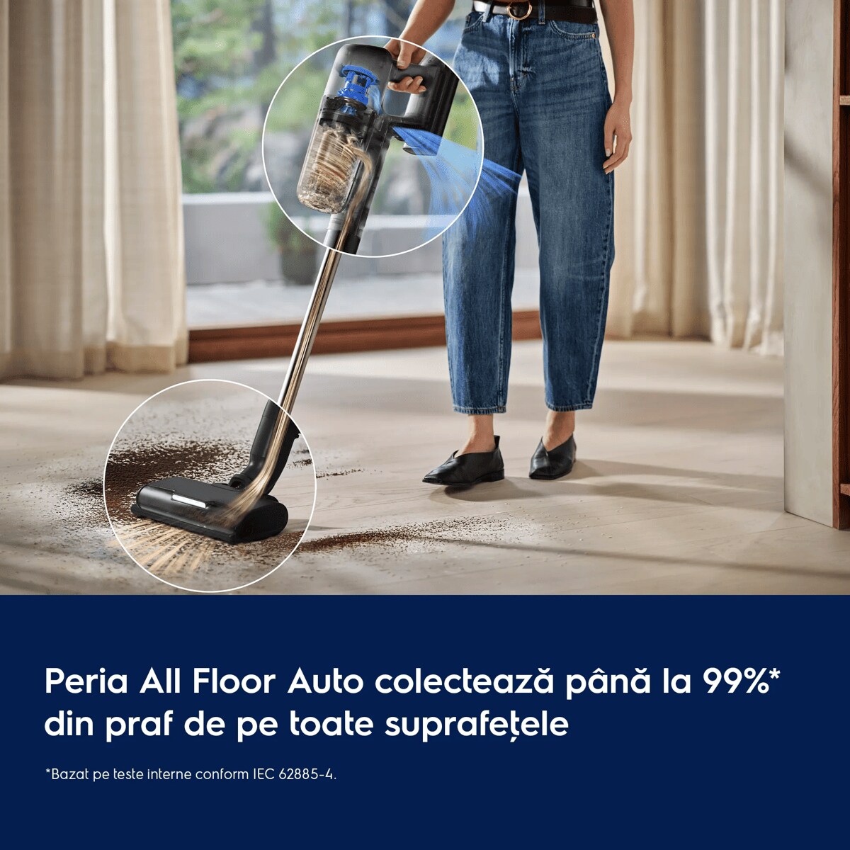 Peria All Floor Auto colectează până la 99%* din praf de pe toate suprafeţele     *Bazat pe teste interne conform IEC 62885-4.