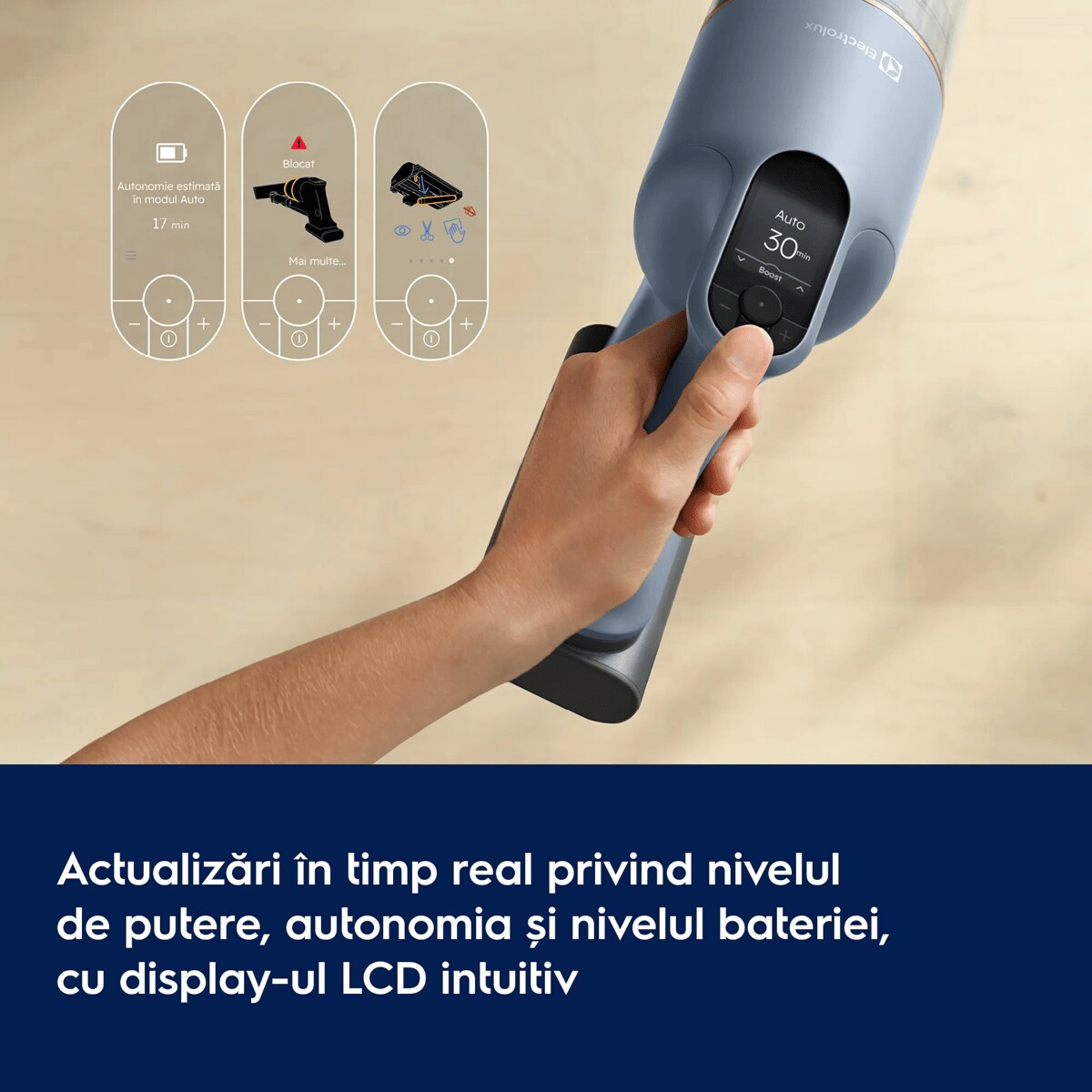 Actualizări în timp real privind nivelul de putere, autonomia și nivelul bateriei, cu display-ul LCD intuitiv