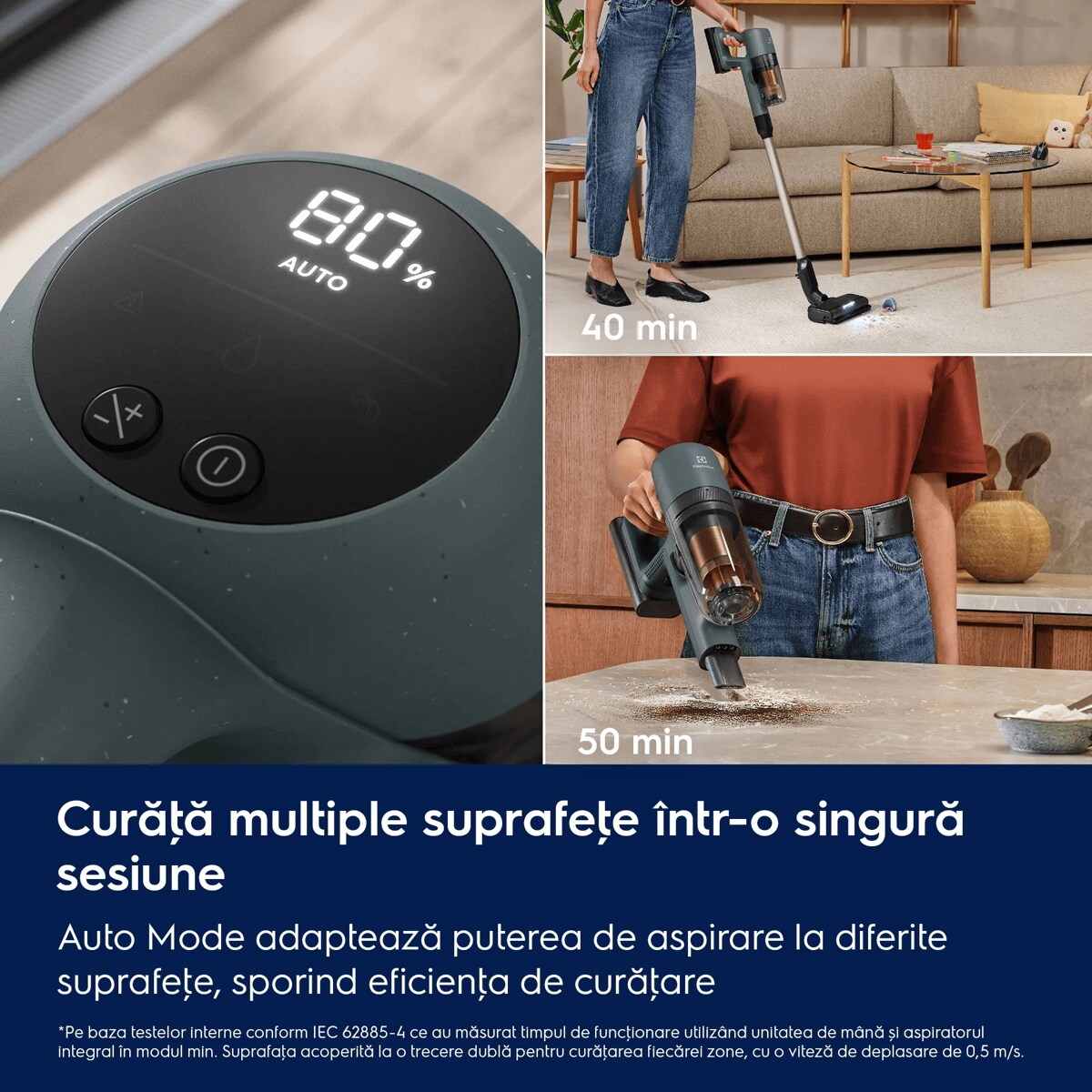 Curăţă multiple suprafeţe într-o singură sesiune Auto Mode adaptează puterea de aspirare la diferite suprafeţe, sporind eficienţa de curăţare    *Pe baza testelor interne conform IEC 62885-4 ce au măsurat timpul de funcţionare utilizând unitatea de mână și aspiratorul integral în modul min. Suprafaţa acoperită la o trecere dublă pentru curăţarea fiecărei zone, cu o viteză de deplasare de 0,5 m/s.
