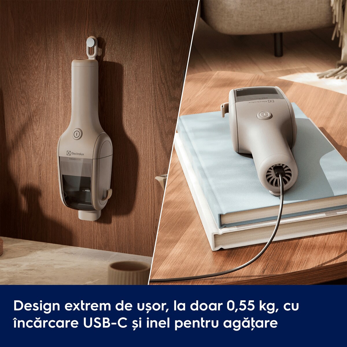 Design extrem de ușor, la doar 0,55 kg, cu încărcare USB-C și inel pentru agăţare