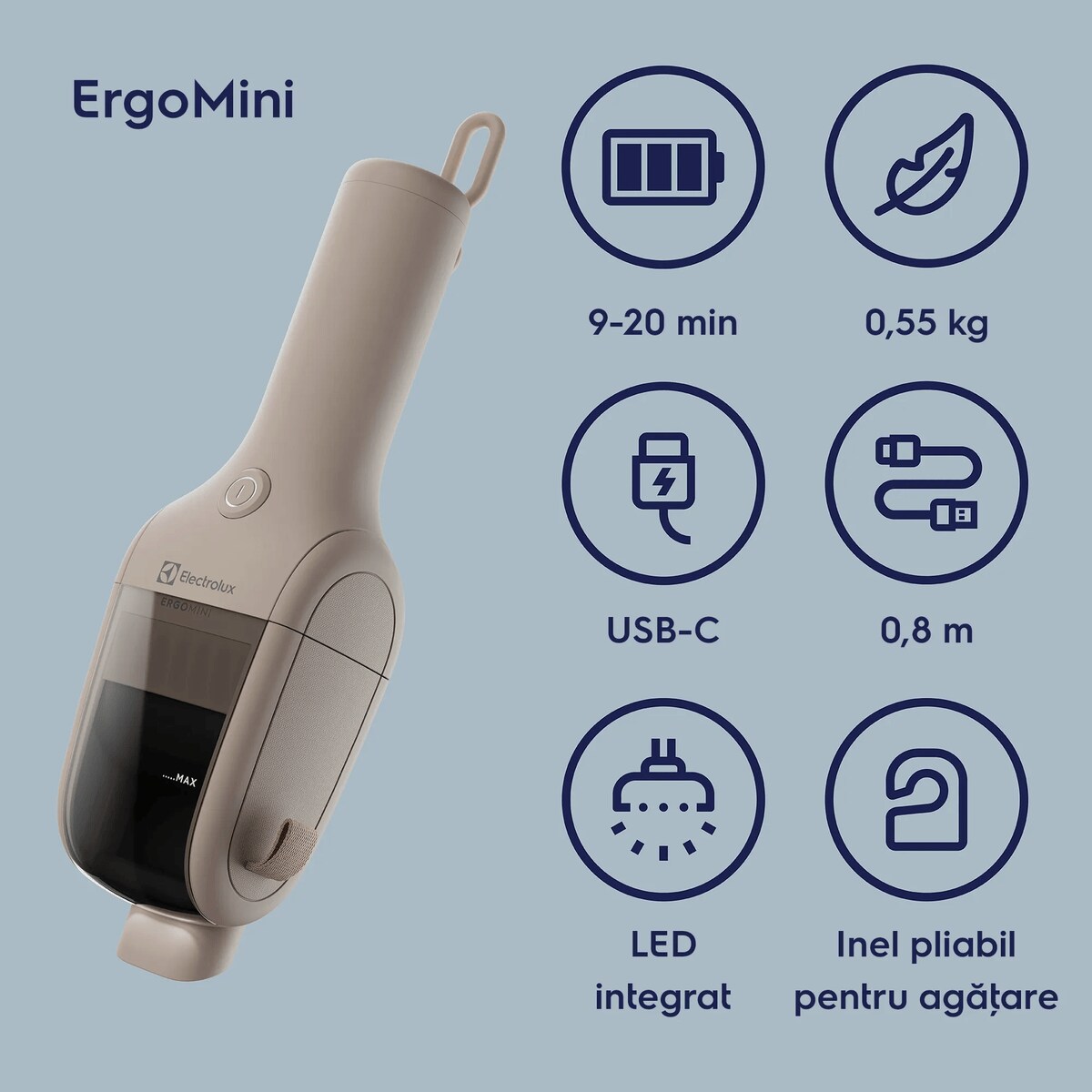 9-20 min 0,55 kg USB-C 0,8 m LED integrat Inel pliabil pentru agăţare