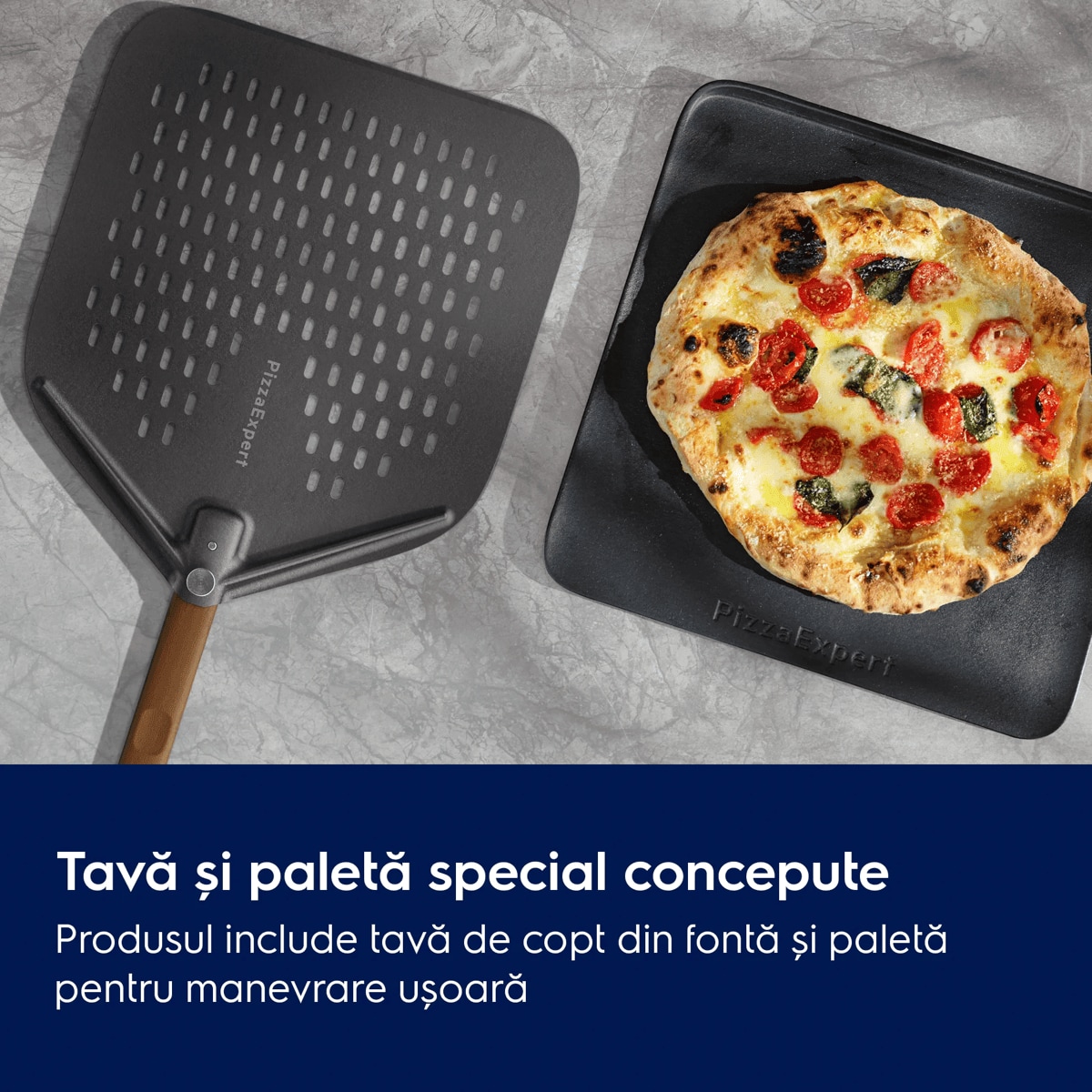 Tavă și paletă special concepute Produsul include tavă de copt din fontă și paletă pentru manevrare ușoară