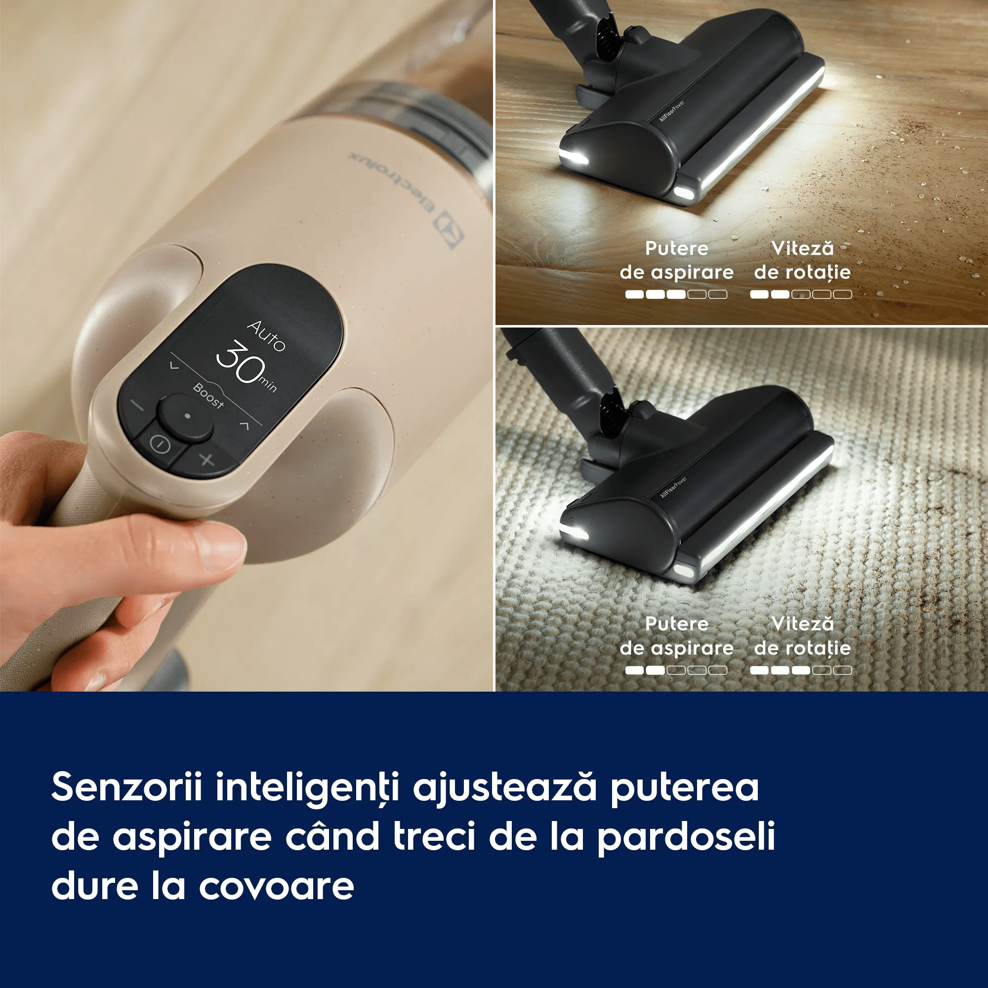 Senzorii inteligenţi ajustează puterea de aspirare când treci de la pardoseli dure la covoare      Putere de aspirare Viteză de rotaţie Putere de aspirare Viteză de rotaţie