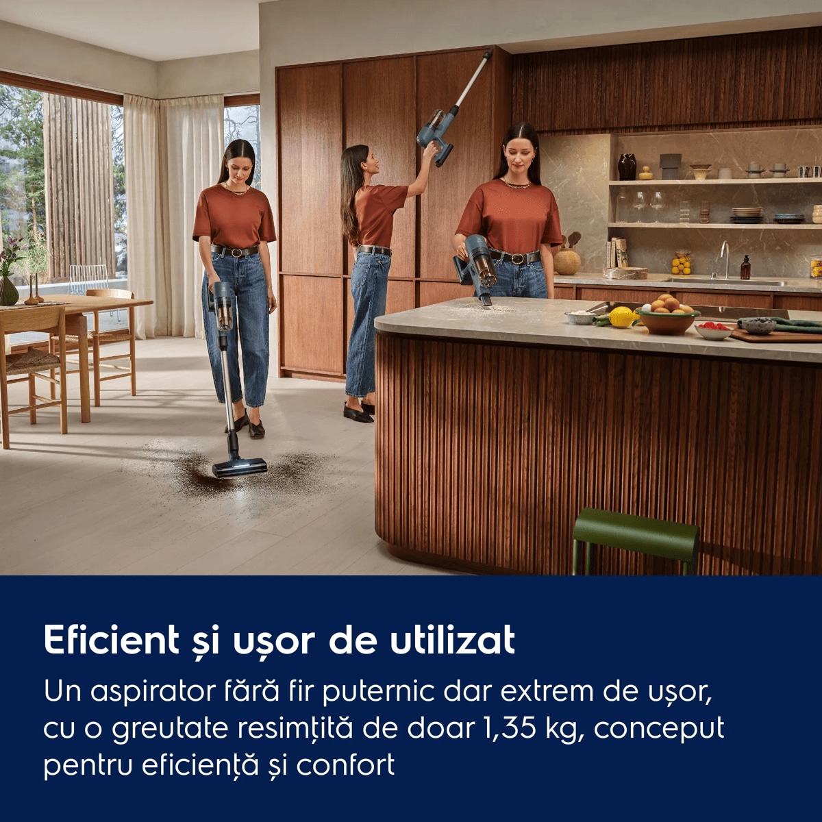 Eficient și ușor de utilizat Un aspirator fără fir puternic dar extrem de ușor, cu o greutate resimţită de doar 1,35 kg, conceput pentru eficienţă și confort