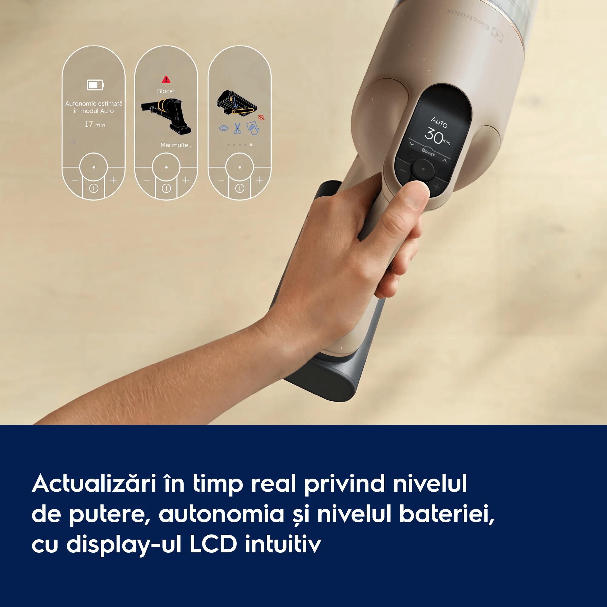 Actualizări în timp real privind nivelul de putere, autonomia și nivelul bateriei, cu display-ul LCD intuitiv