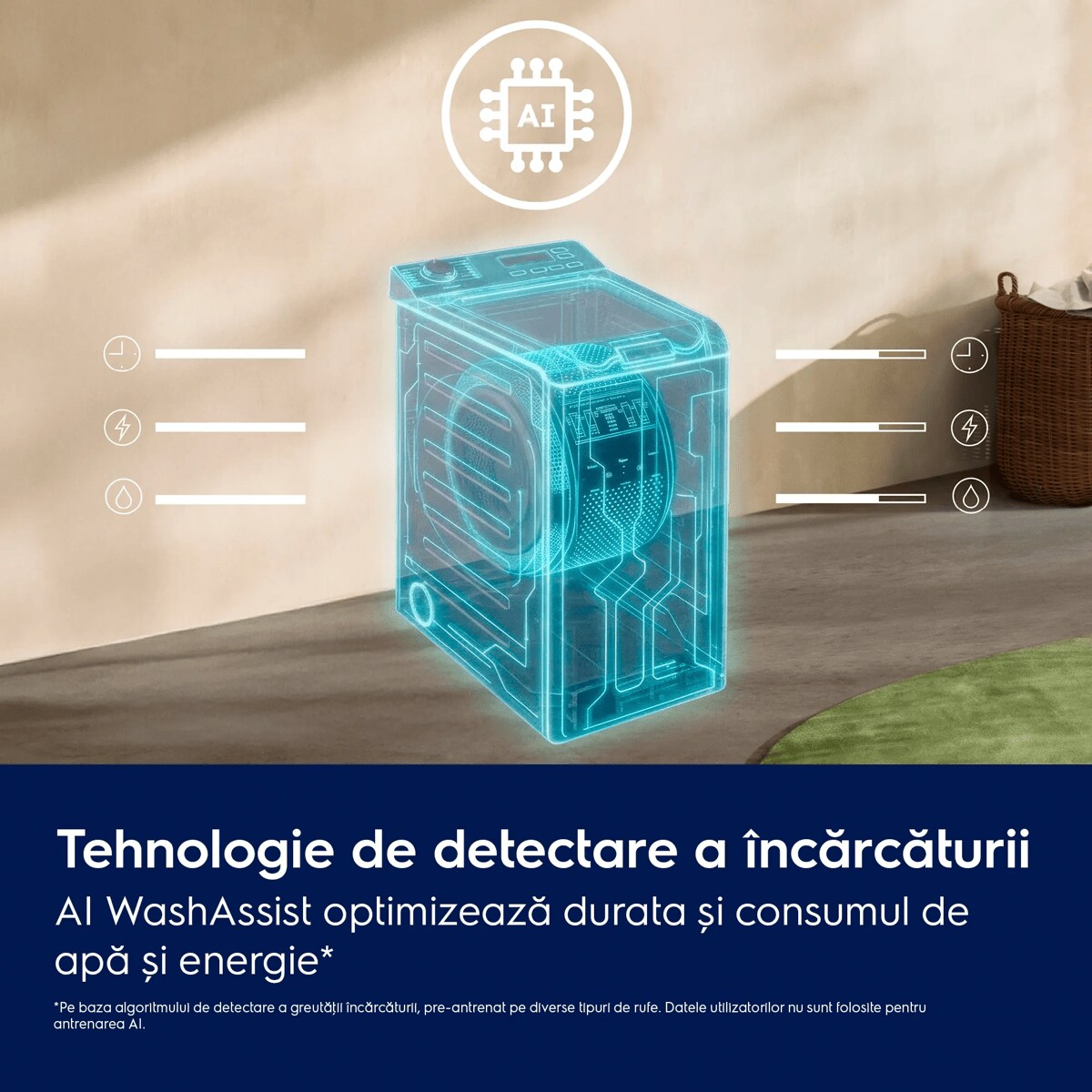 Tehnologie de detectare a încărcăturii AI WashAssist optimizează durata și consumul de apă și energie*    *Pe baza algoritmului de detectare a greutăţii încărcăturii, pre-antrenat pe diverse tipuri de rufe. Datele utilizatorilor nu sunt folosite pentru antrenarea AI.