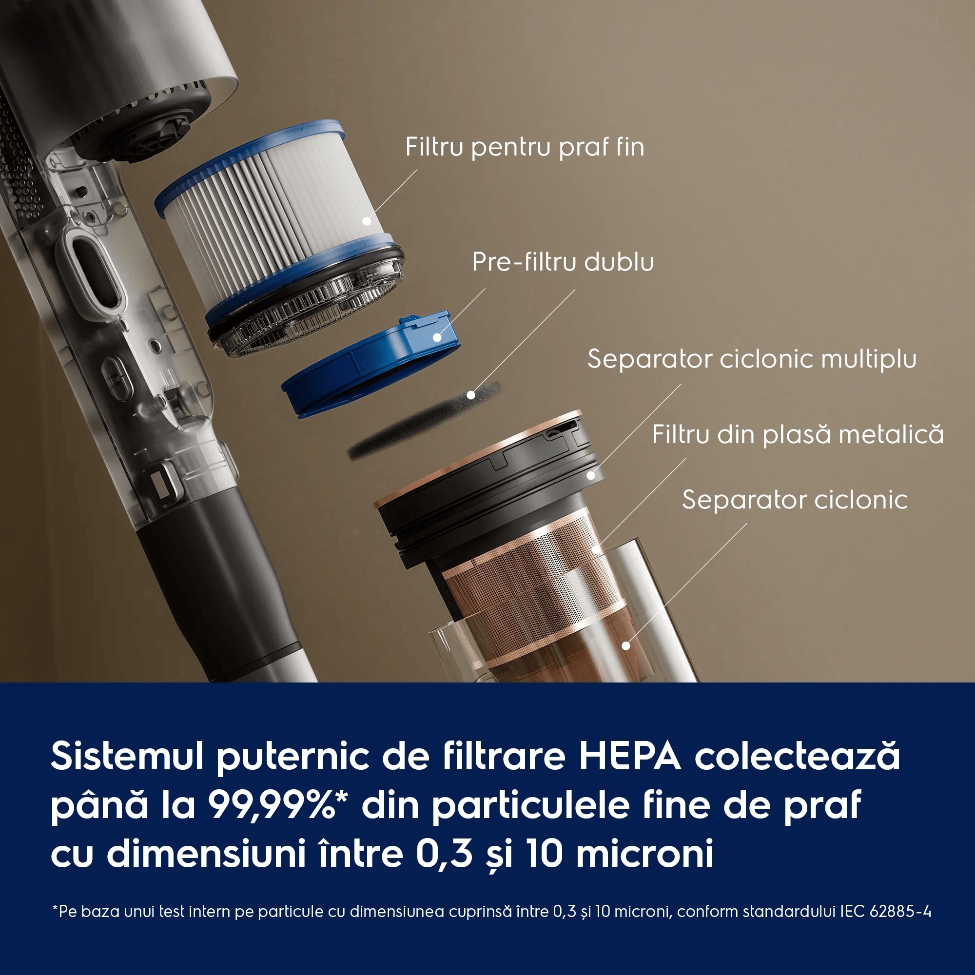 Sistemul puternic de filtrare HEPA colectează până la 99,99%* din particulele fine de praf cu dimensiuni între 0,3 și 10 microni     *Pe baza unui test intern pe particule cu dimensiunea cuprinsă între 0,3 și 10 microni, conform standardului IEC 62885-4 Filtru pentru praf fin Pre-filtru dublu Separator ciclonic multiplu Filtru din plasă metalică Separator ciclonic