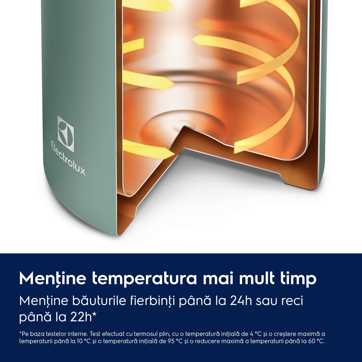 Menţine temperatura mai mult timp Menţine băuturile fierbinţi până la 24h sau reci până la 22h*    *Pe baza testelor interne. Test efectuat cu termosul plin, cu o temperatură iniţială de 4 °C și o creștere maximă a temperaturii până la 10 °C și o temperatură iniţială de 95 °C și o reducere maximă a temperaturii până la 60 °C.