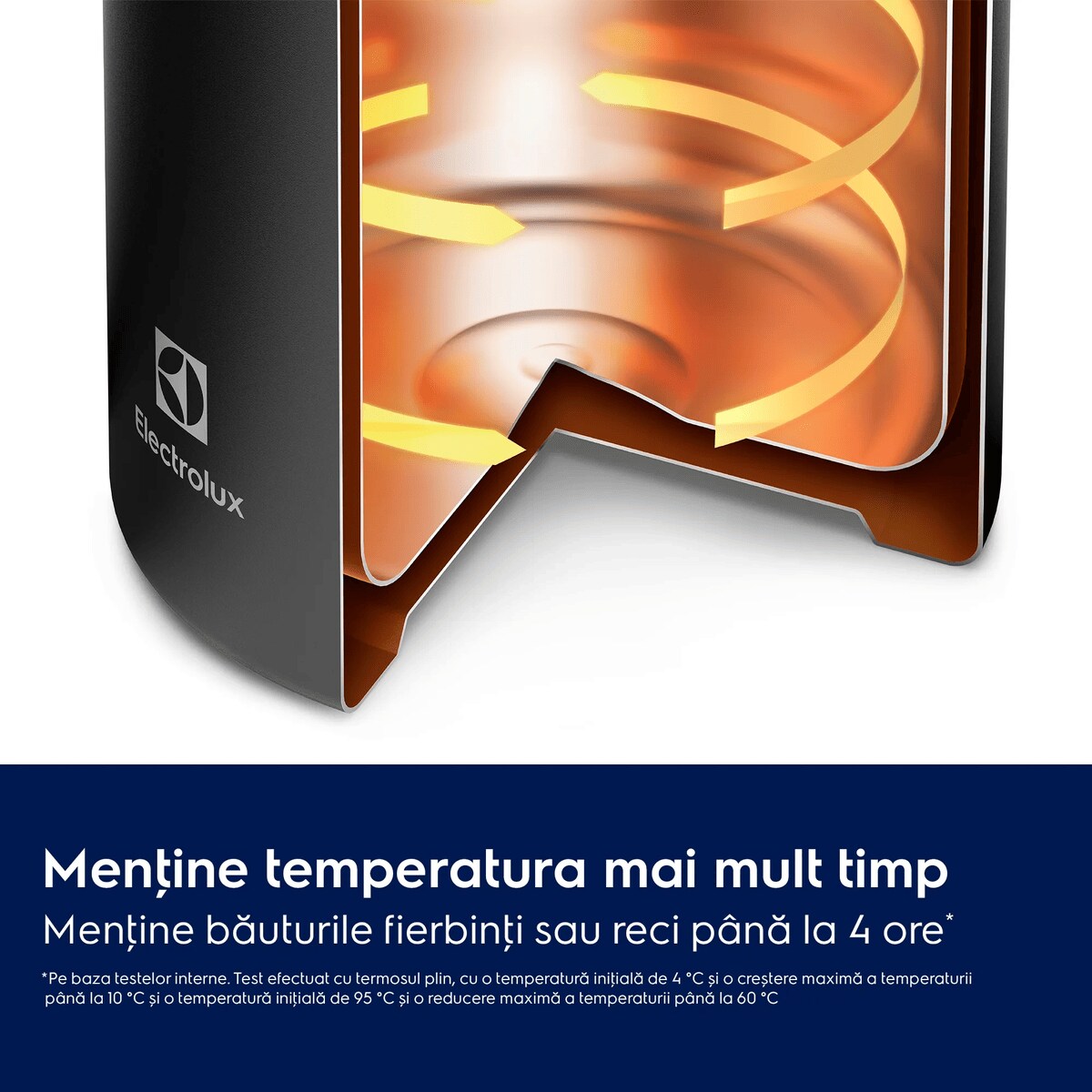 Menţine temperatura mai mult timp Menţine băuturile fierbinţi sau reci până la 4 ore*    *Pe baza testelor interne. Test efectuat cu termosul plin, cu o temperatură iniţială de 4 °C și o creștere maximă a temperaturii până la 10 °C și o temperatură iniţială de 95 °C și o reducere maximă a temperaturii până la 60 °C.