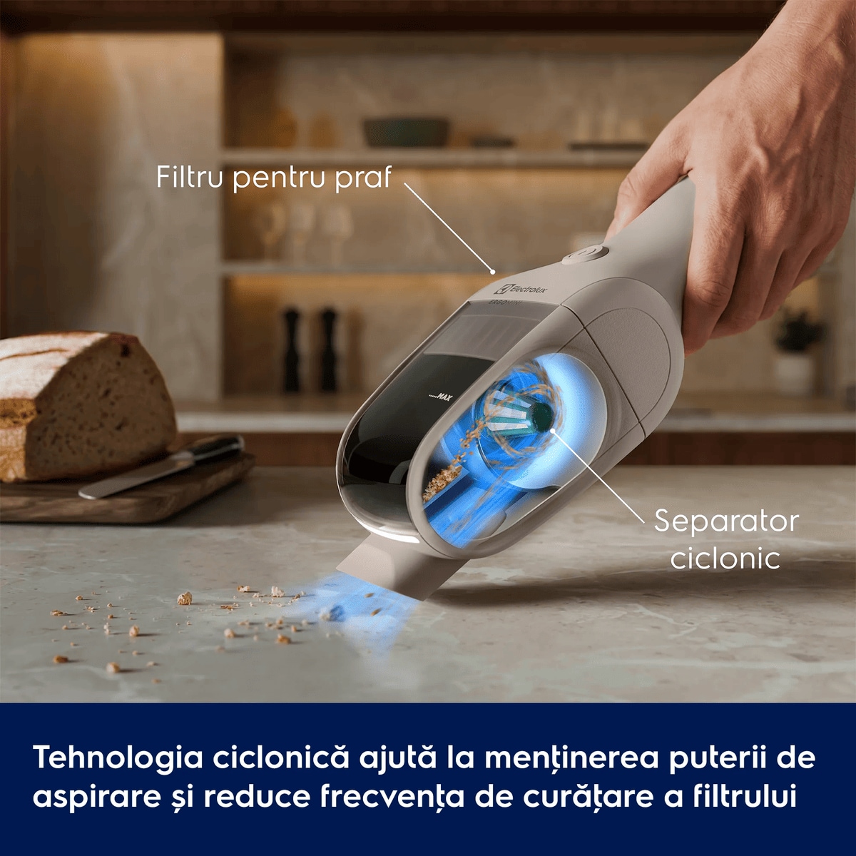 Tehnologia ciclonică ajută la menţinerea puterii de aspirare și reduce frecvenţa de curăţare a filtrului      Filtru pentru praf Separator ciclonic