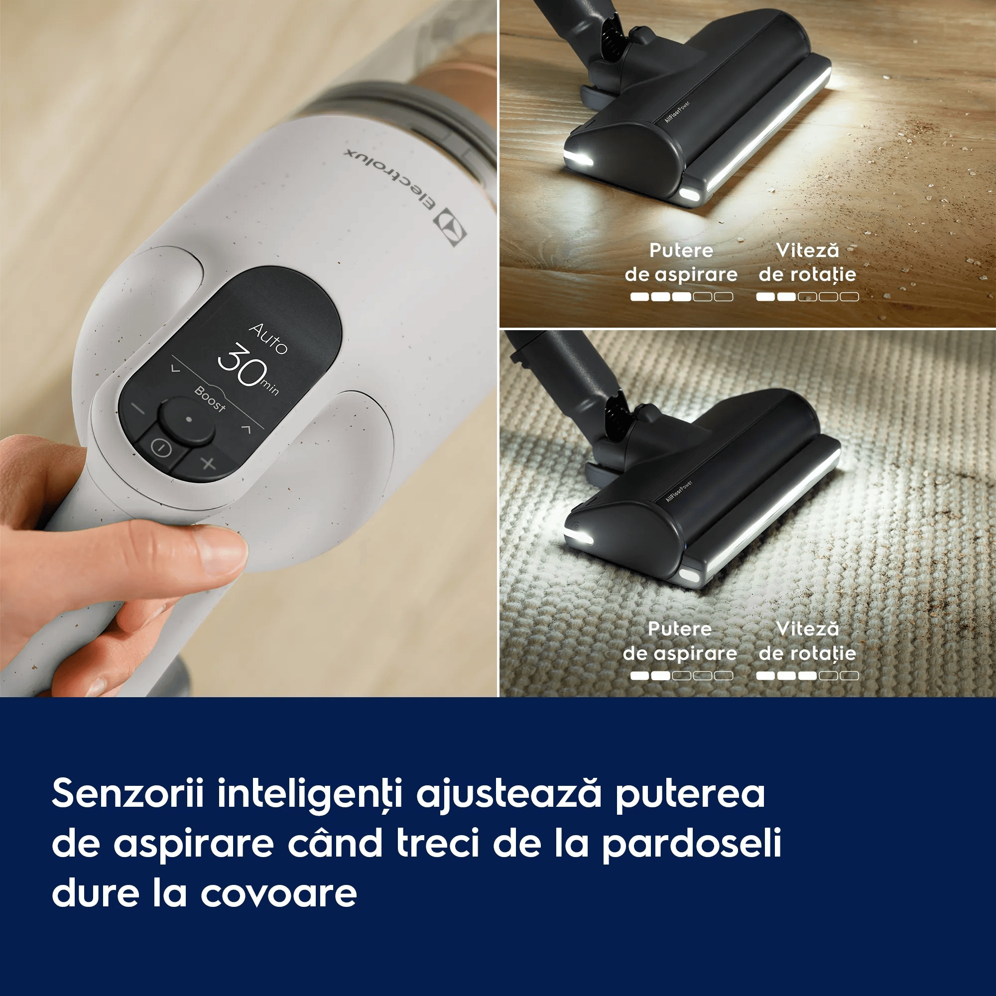 Senzorii inteligenţi ajustează puterea de aspirare când treci de la pardoseli dure la covoare      Putere de aspirare Viteză de rotaţie Putere de aspirare Viteză de rotaţie
