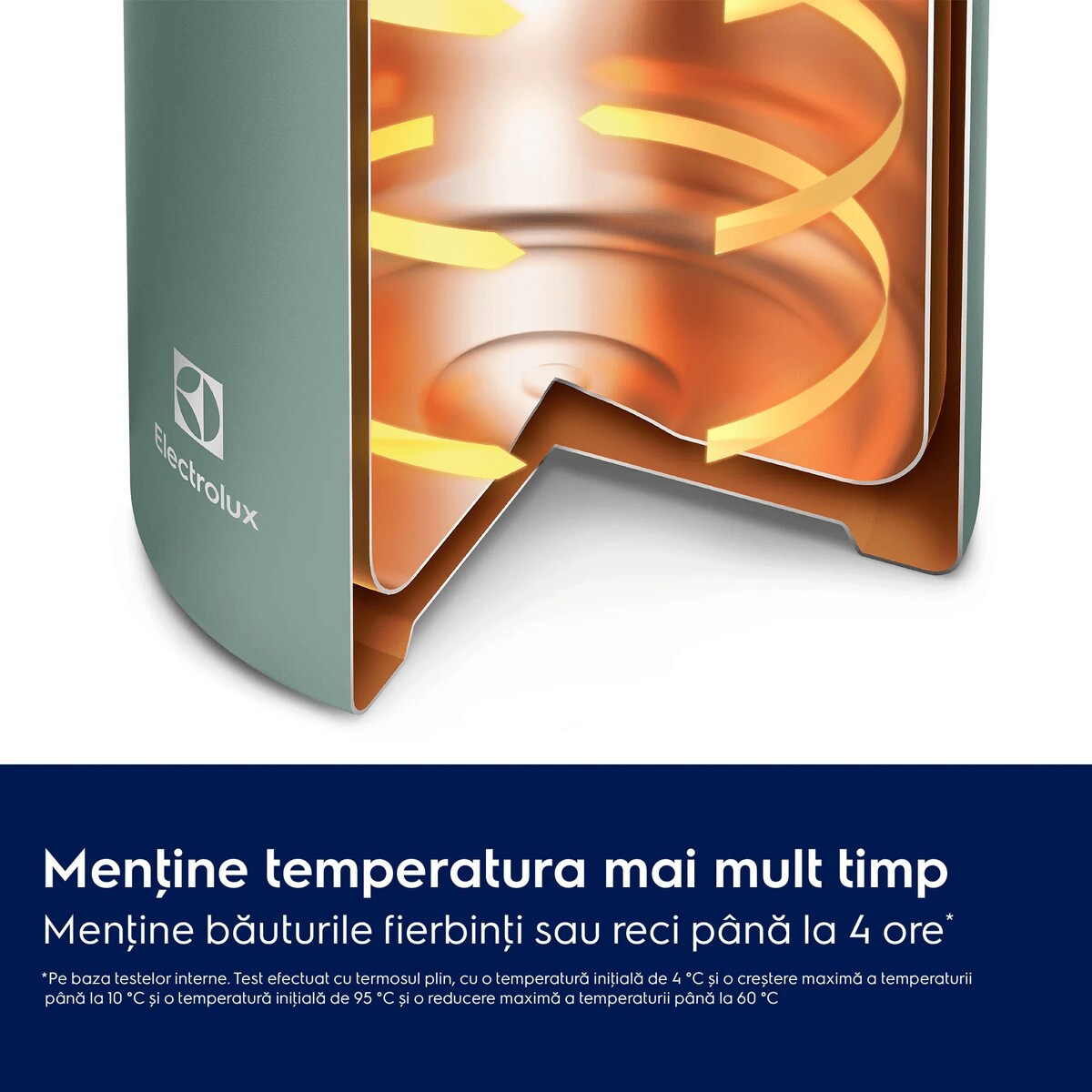 Menţine temperatura mai mult timp Menţine băuturile fierbinţi sau reci până la 4 ore*    *Pe baza testelor interne. Test efectuat cu termosul plin, cu o temperatură iniţială de 4 °C și o creștere maximă a temperaturii până la 10 °C și o temperatură iniţială de 95 °C și o reducere maximă a temperaturii până la 60 °C.