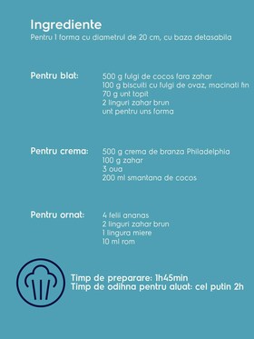 ingrediente cheesecake cu cocos si ananas caramelizat